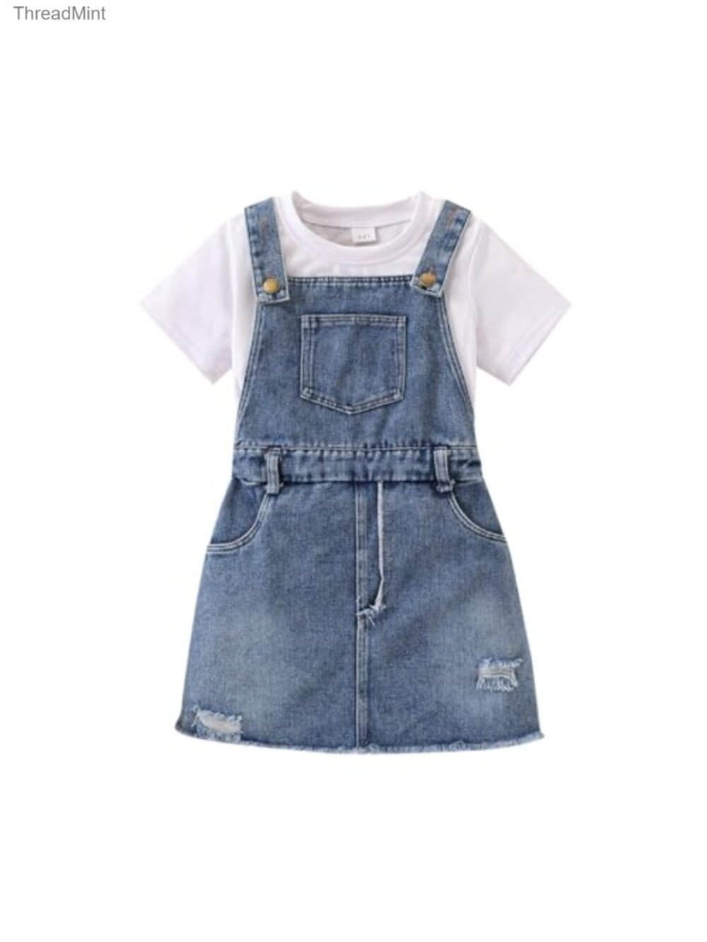 Toddler Girls Summer 2-Piece Cotton Blend Outfit, Denim Overalls Dress with